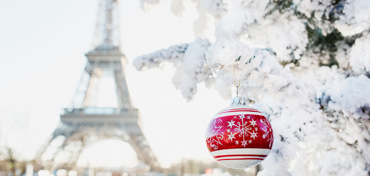 Eiffel Tower in the background with Christmas tree covered in snow in Paris