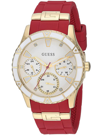 GUESS Gold-Tone  Iconic Red Stain Resistant Silicone Watch with Day, Date and 24 Hour Military/Int'l