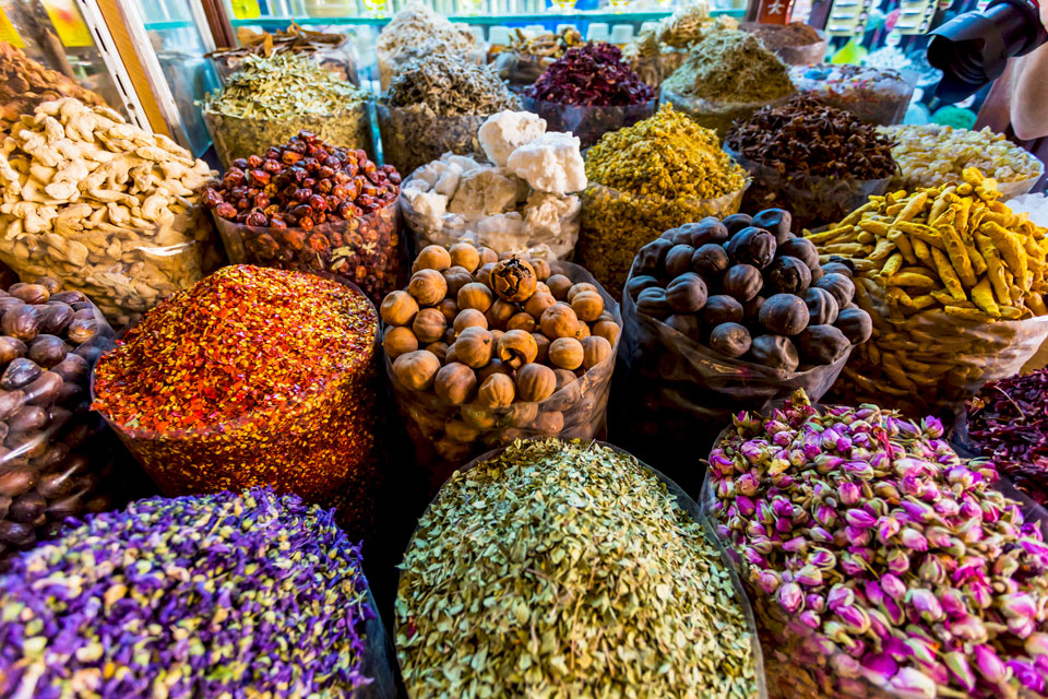 Dried herbs, flowers and spices at the Spice Souk at Deira, Dubai