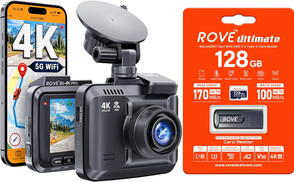 ROVE R2-4K PRO Dash Cam With 128GB Micro SD Card