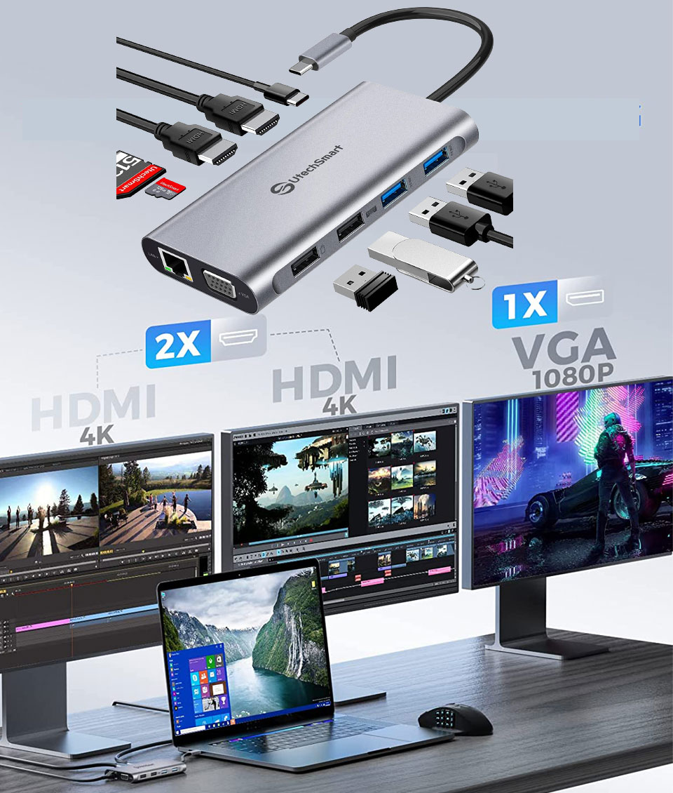 Hiearcool USB C Hub,USB-C Laptop Docking Station,11 in 1 Triple Display Type  C